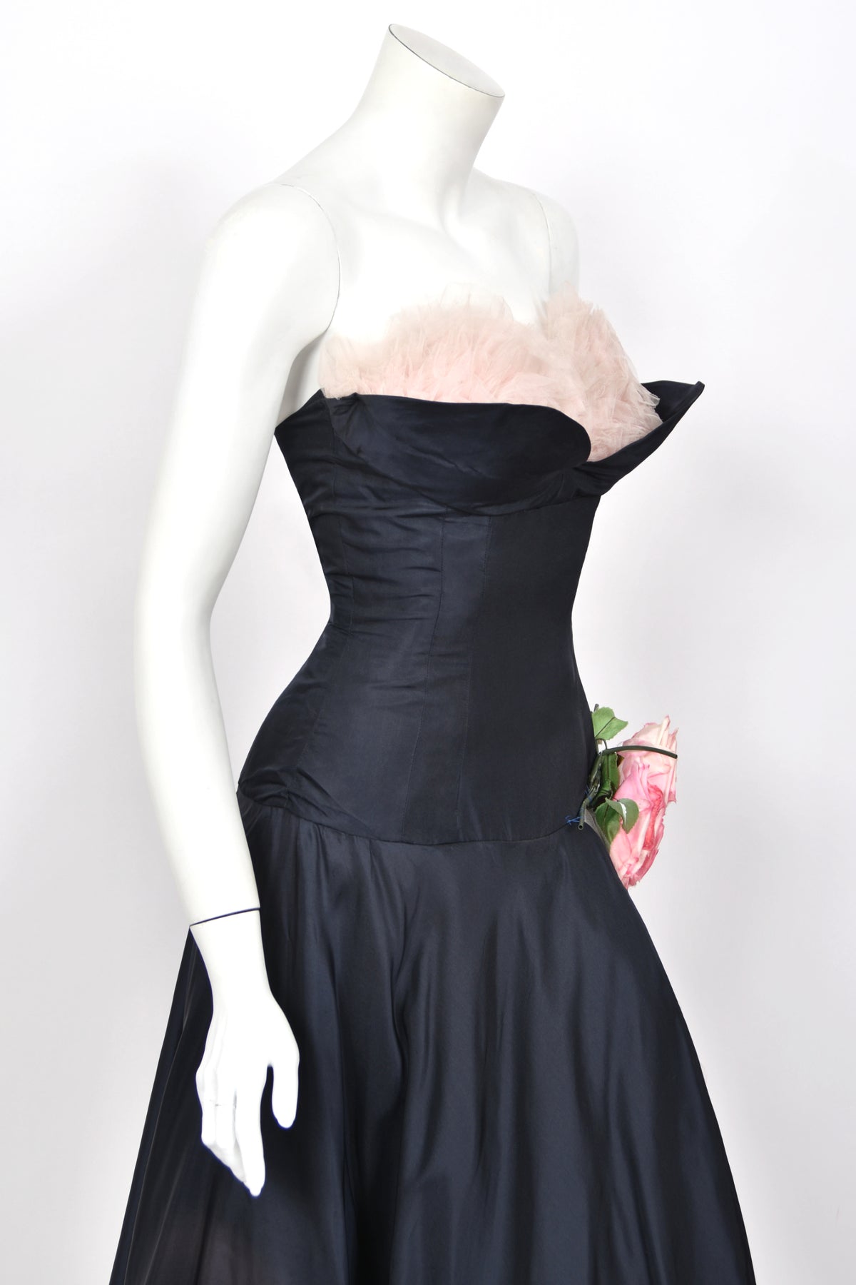 1950's Don Miguel of California Navy Silk &amp; Blush Pink Tulle Ruffle Shelf-Bust Strapless Dress