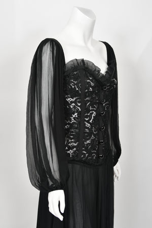 1988 Yves Saint Laurent Documented Black Sheer Silk & Boned Lace Bustier Dress