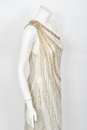 1984 Bob Mackie Couture Ivory Beaded Silk One-Shoulder Goddess Gown