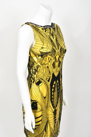 Vintage 2010 Alexander McQueen Lifetime Insect Tattoo Embroidered Net Lace Yellow Mini Dress Timeless Vixen