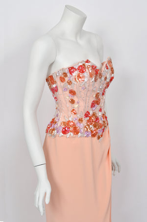 1990's Bob Mackie Pale Pink Heavily-Beaded Silk Strapless Bustier Hourglass Gown