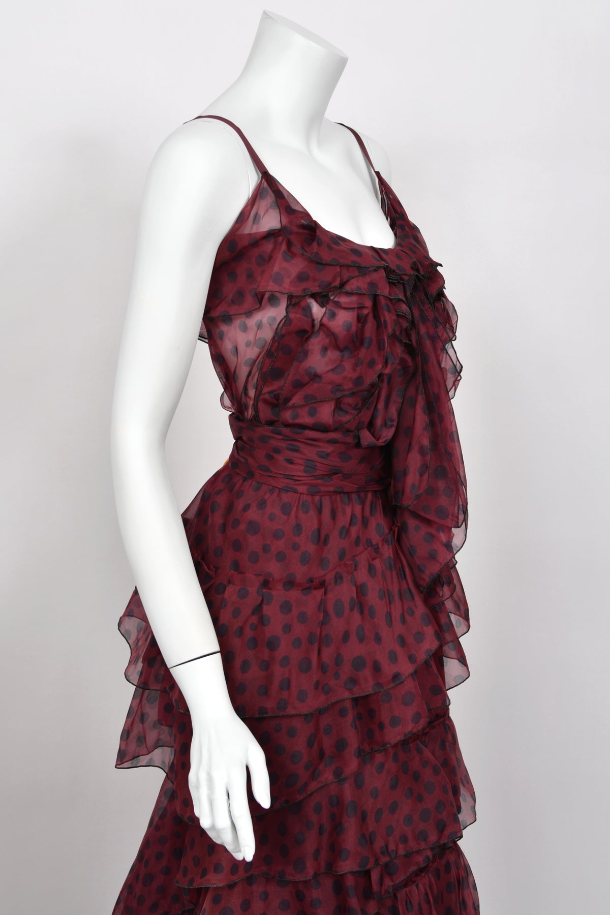 2011 Nina Ricci Editorial Burgundy & Black Polka-Dot Silk Tiered Ruffle Trained Gown w/ Tags