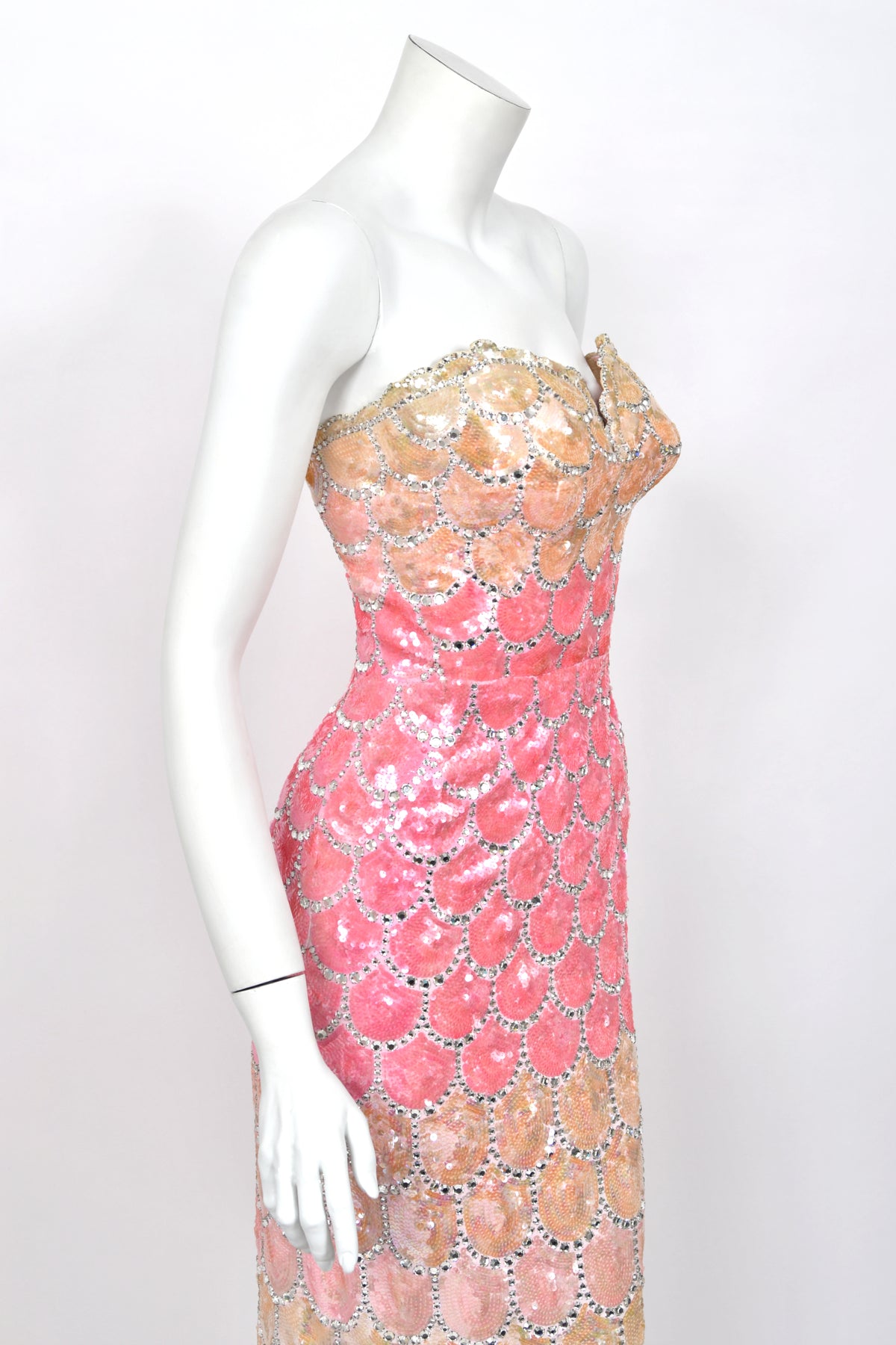 1950's Custom Couture Fully Sequin Pink Ombré Rhinestone Hourglass Gown w/ Gloves
