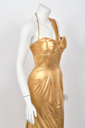 1950's Yma Sumac Custom Couture Old Hollywood Metallic Gold Hourglass Trained Dress