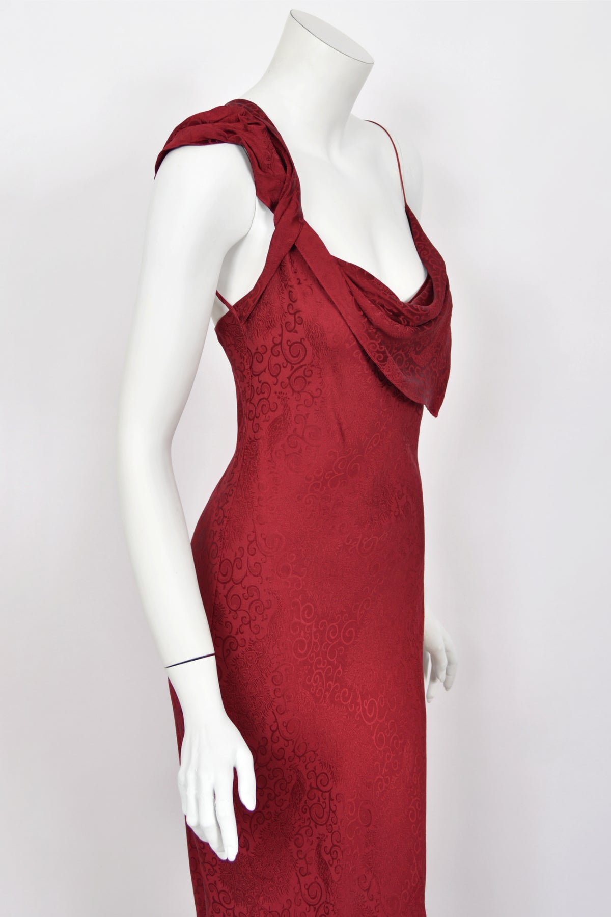 1999 John Galliano Maori Collection Merlot Red Silk Bias-Cut Gown w/ Fringed Shawl