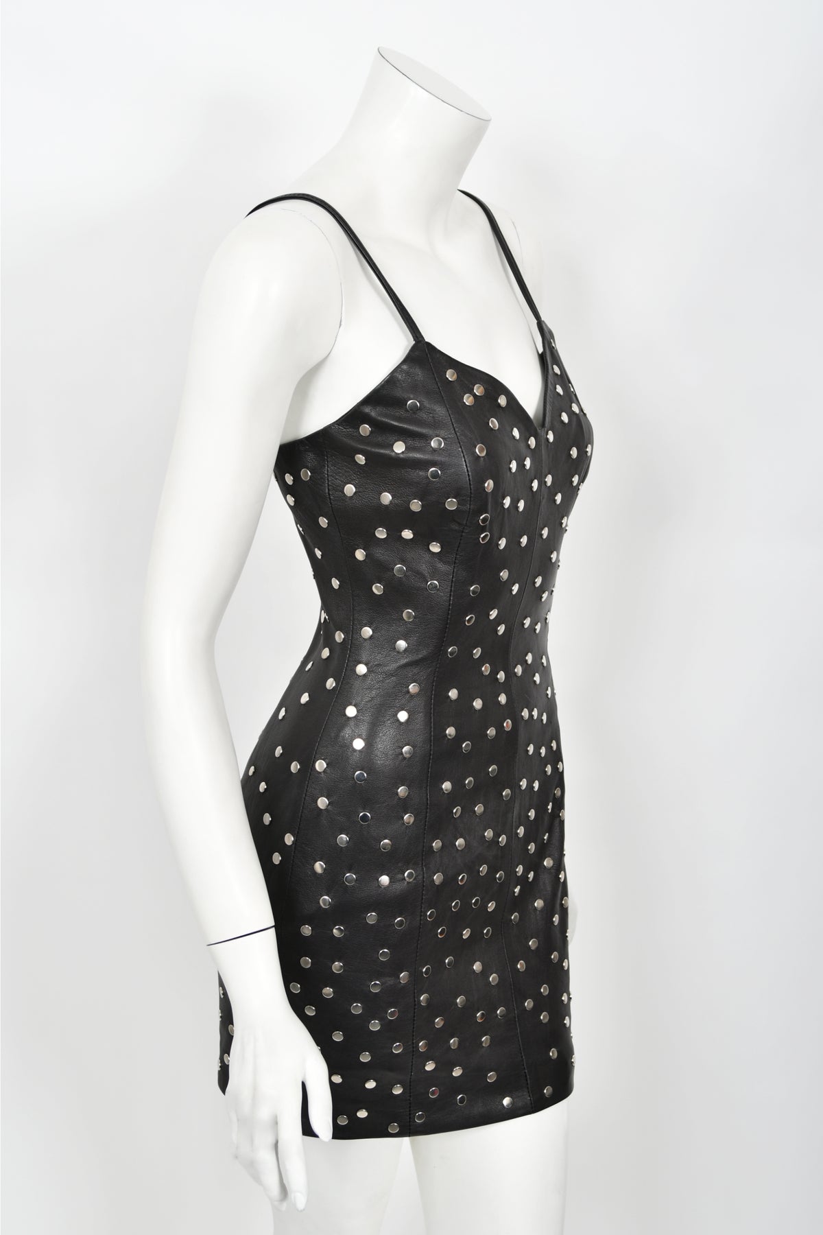 1991 Dolce & Gabbana Documented Runway Studded Black Leather Mini Dress