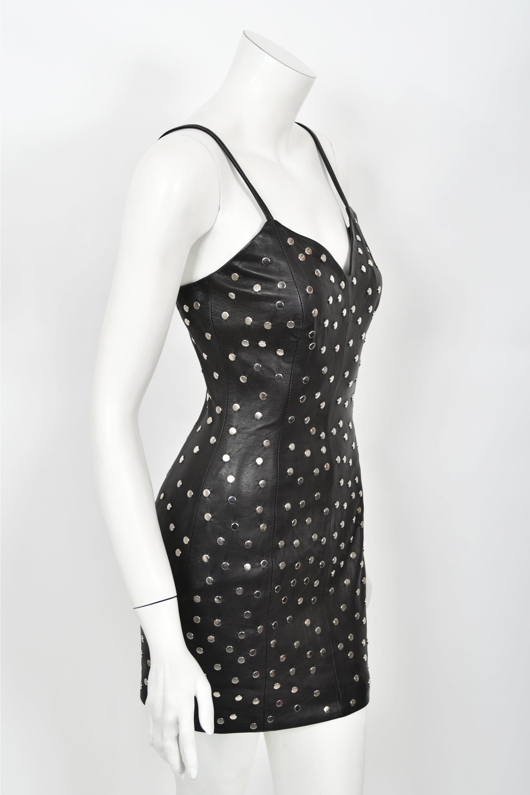 Vintage 1991 Dolce & Gabbana Documented Runway Studded Black Leather Mini Dress - Timeless Vixen Vintage 1991 Dolce & Gabbana Documented Runway Studded Black Leather Mini Dress - Timeless Vixen