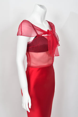 2010 Christian Dior by John Galliano Ruby Red Silk Sheer Black Bra Bias-Cut Gown