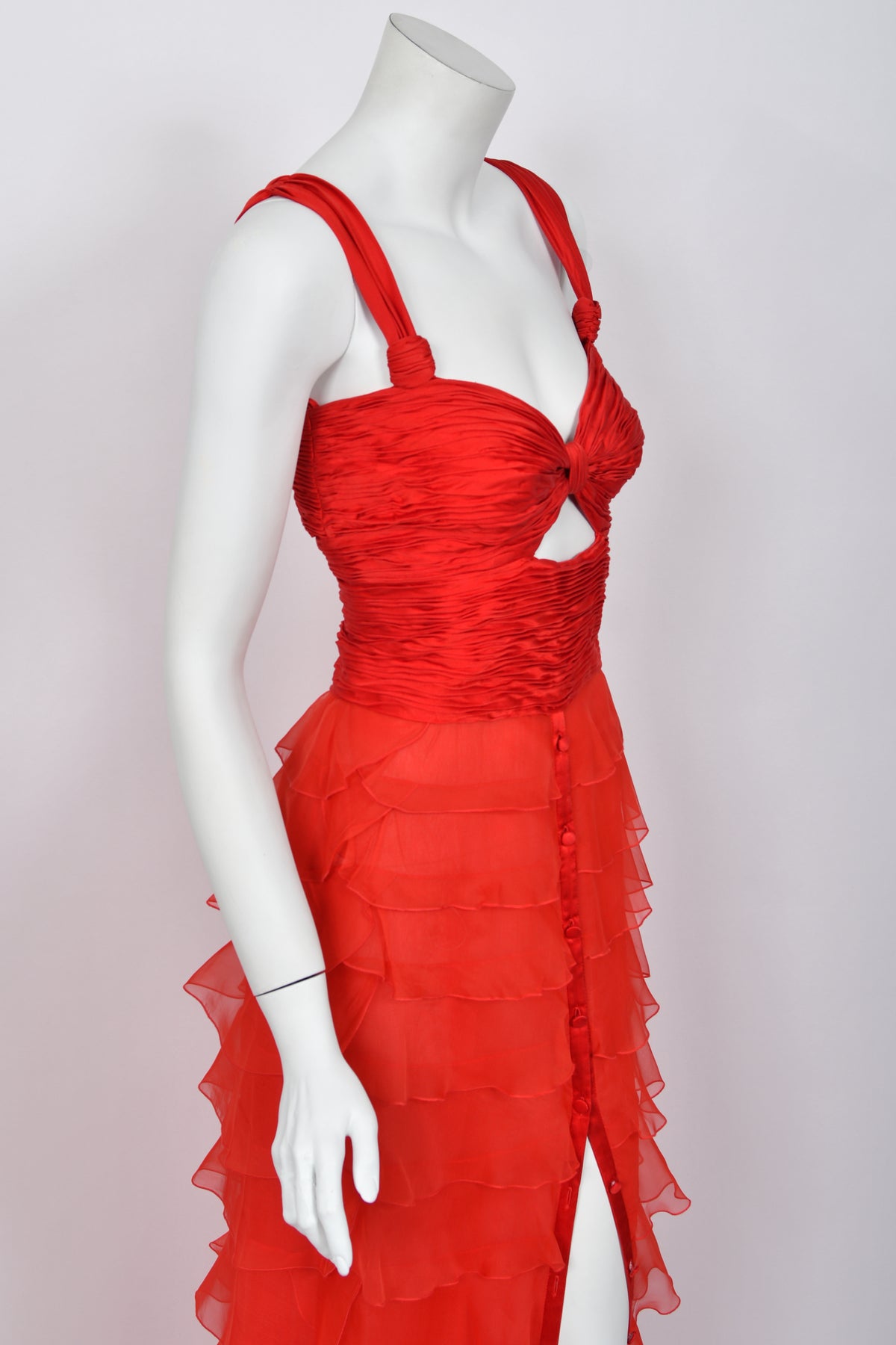 2005 Valentino Runway Iconic Red Ruched Silk Cut-Out Tiered Ruffle Gown