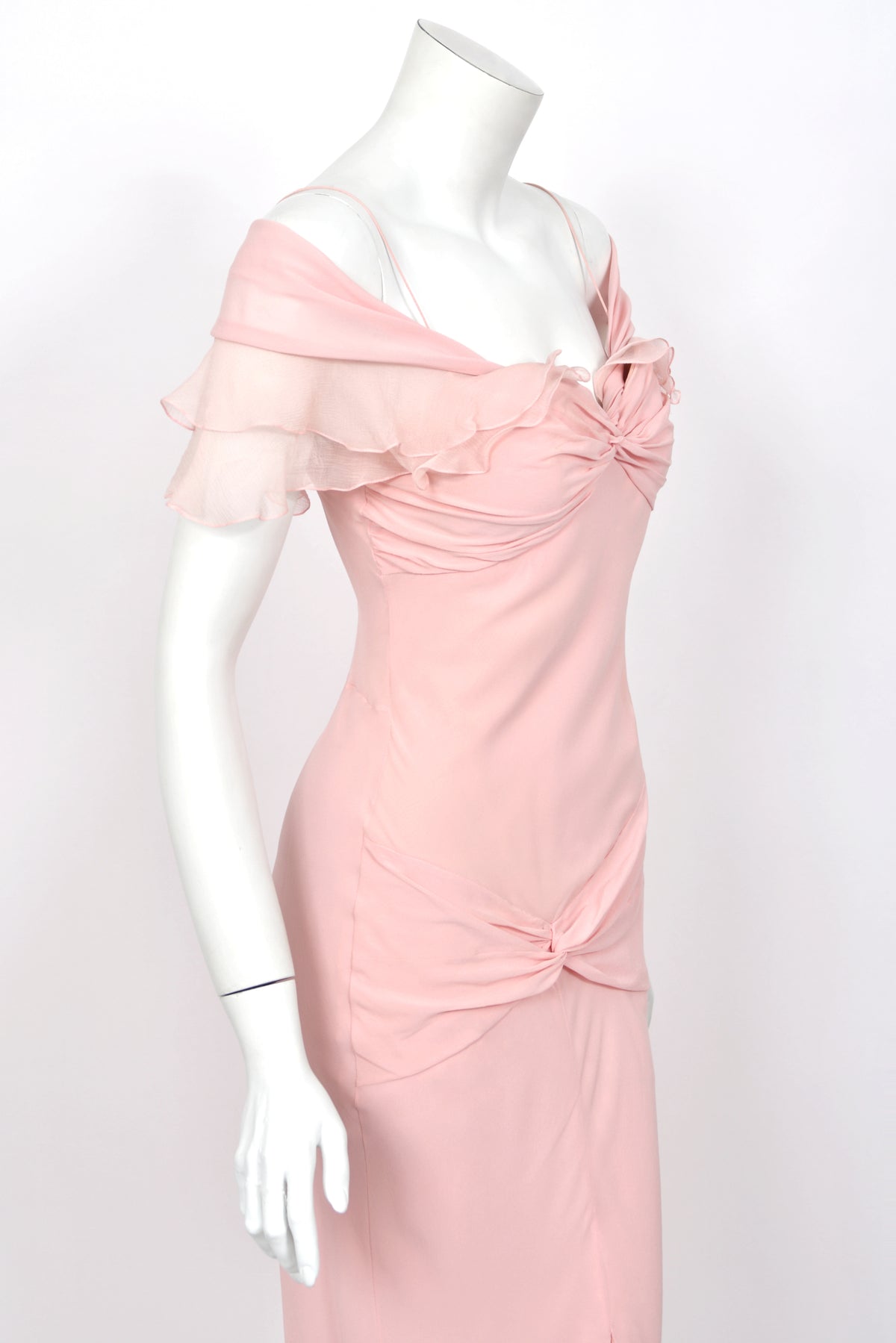 2004 Christian Dior by John Galliano Light Pink Silk Draped Shawl High Slit Bias-Cut Gown