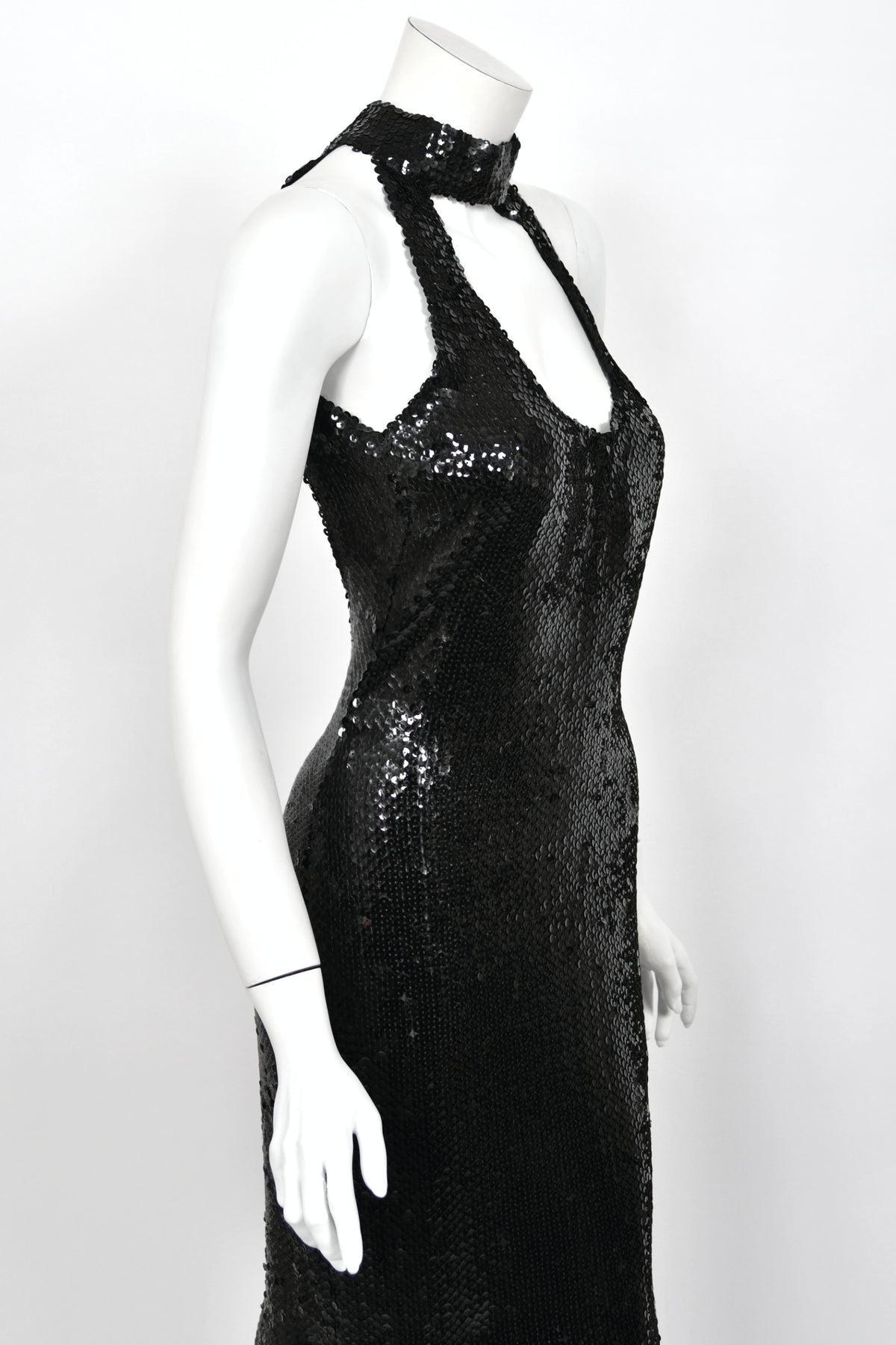 1973 Loris Azzaro Couture Black Fully Sequin Cut-Out Hourglass Mermaid Gown