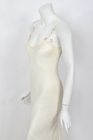 2004 John Galliano Ivory Satin Crystal Accented Bias-Cut Trained Bridal Gown