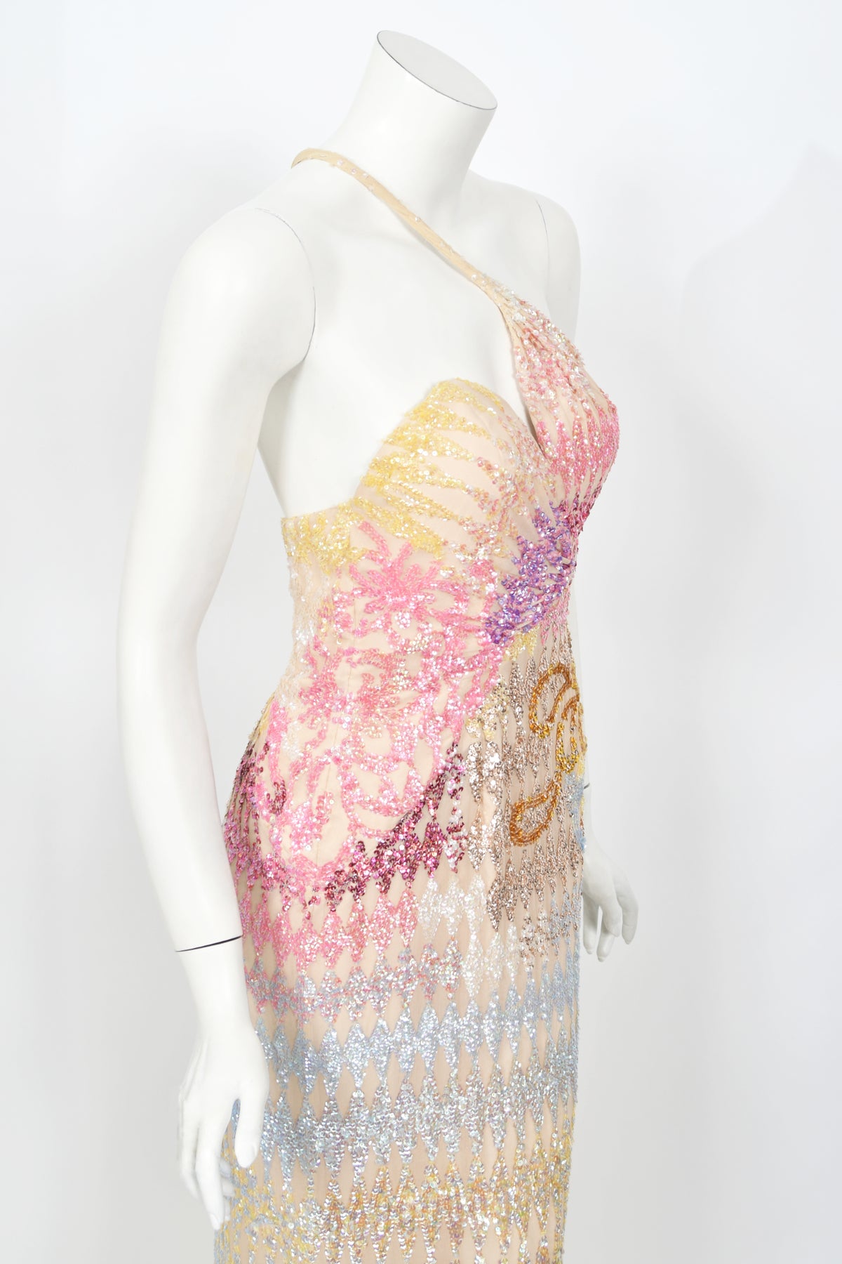 1990's Mike Benet Rainbow Sequin Silk Asymmetric Hourglass Versace-Like Gown