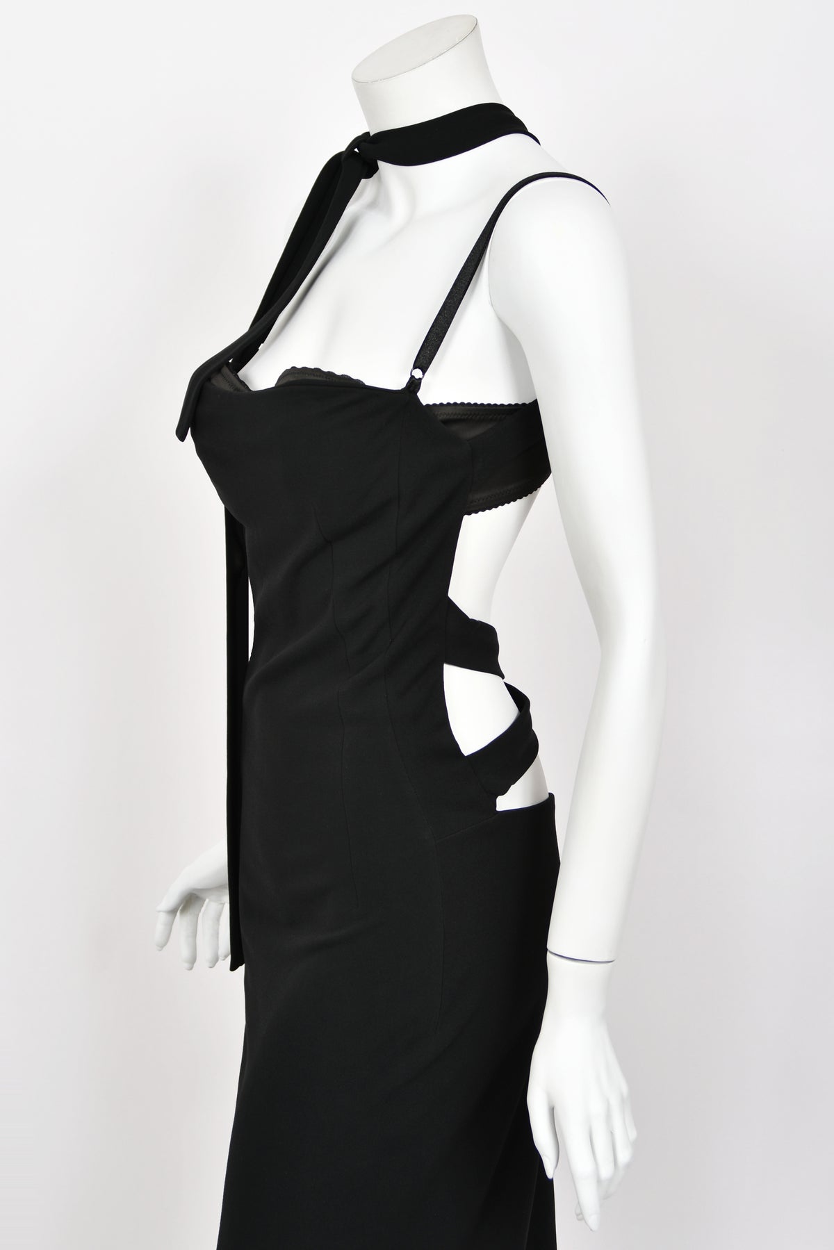 2001 Dolce &amp; Gabbana Black Built-In Bra Necktie Straps Backless Gown