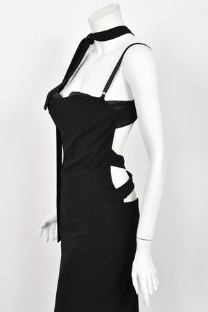 2001 Dolce & Gabbana Black Built-In Bra Necktie Straps Backless Gown