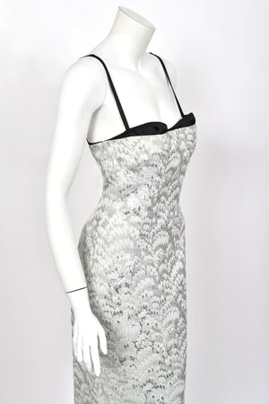 2003 Dolce & Gabbana Metallic Silver Brocade Built-In Bra Hourglass Corset Dress