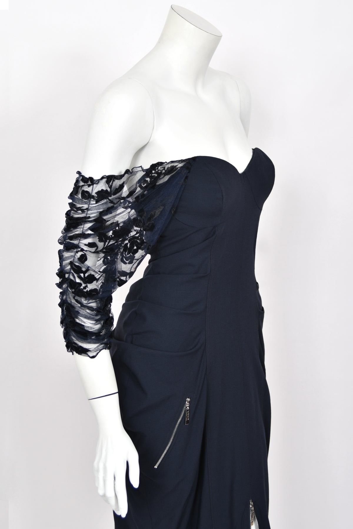 2004 Christian Dior by John Galliano Navy Stretch Silk Sheer-Sleeves Hourglass Dress
