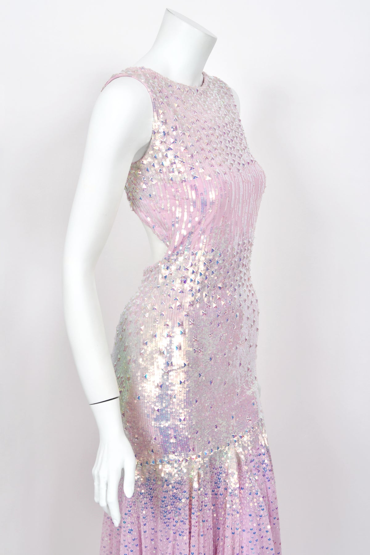 2012 Blumarine Runway Iridescent Lilac Pink Fully Sequin Cut-Out Hourglass Mermaid Gown
