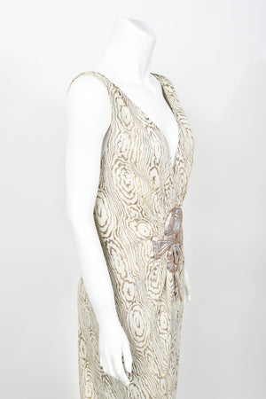 1930's Metallic Wood-Patterned Lamé Deco Appliqué Bias-Cut Trained Bridal Gown