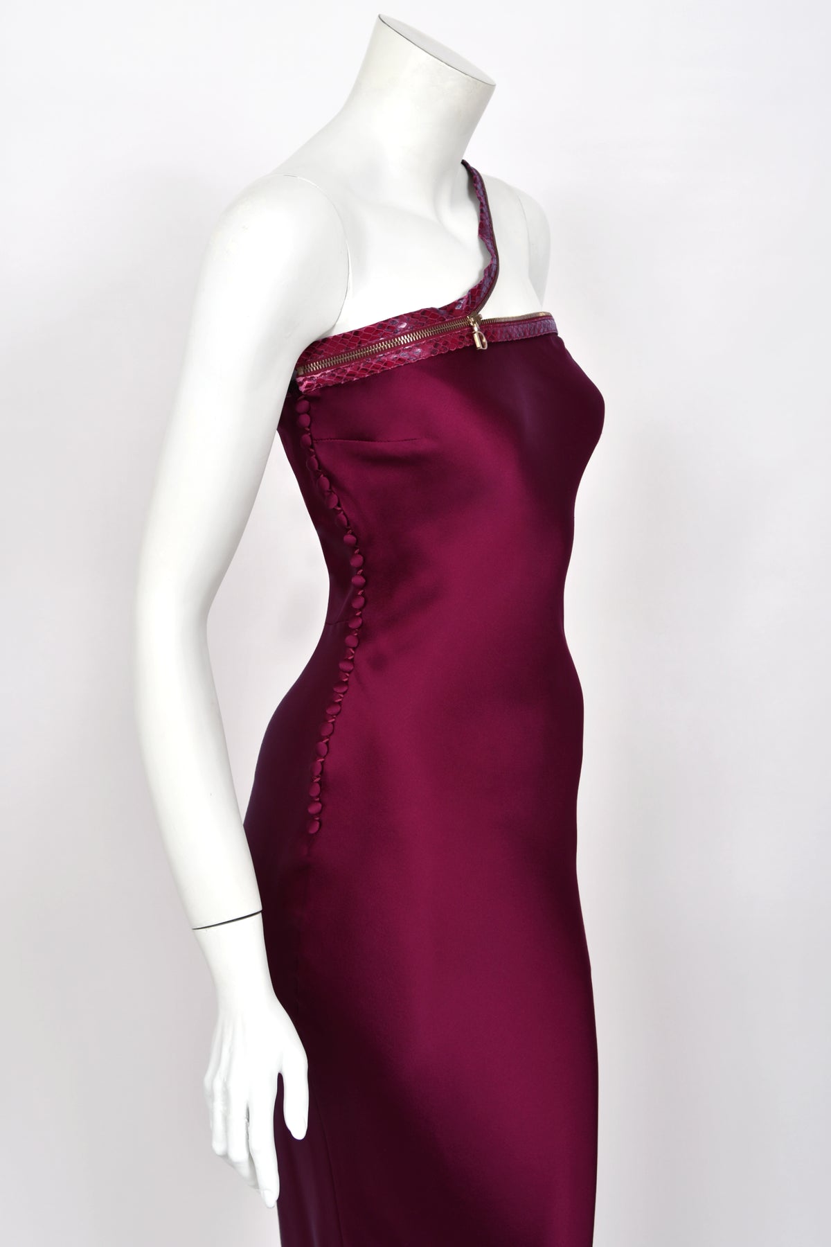 2001 Christian Dior by John Galliano Wine-Red Silk Snakeskin Zippers High Slit Bias-Cut Gown