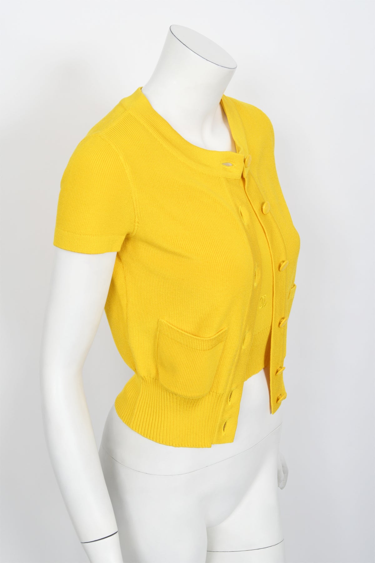 1996 Chanel by Karl Lagerfeld Runway Yellow Knit Cropped Sweater Set