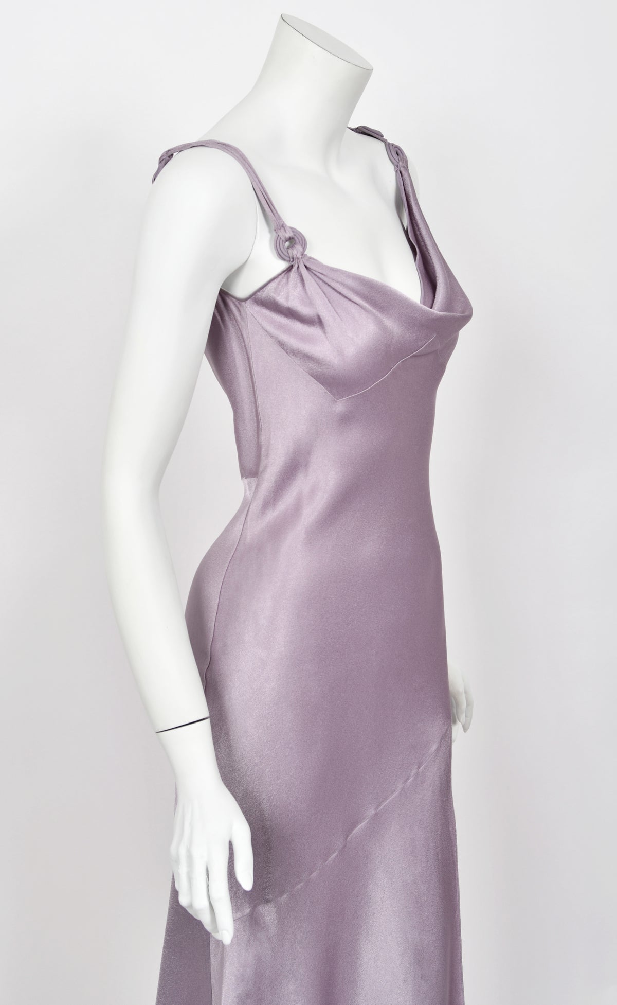 2000 John Galliano Lilac Satin Asymmetric Draped High Slit Bias-Cut Slip Dress