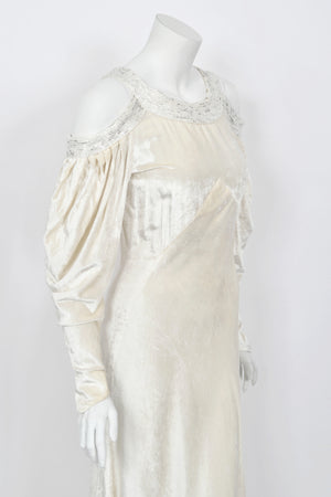 1930's Beaded Ivory Silk-Velvet Cut Out Shoulders Bias-Cut Old Hollywood Gown