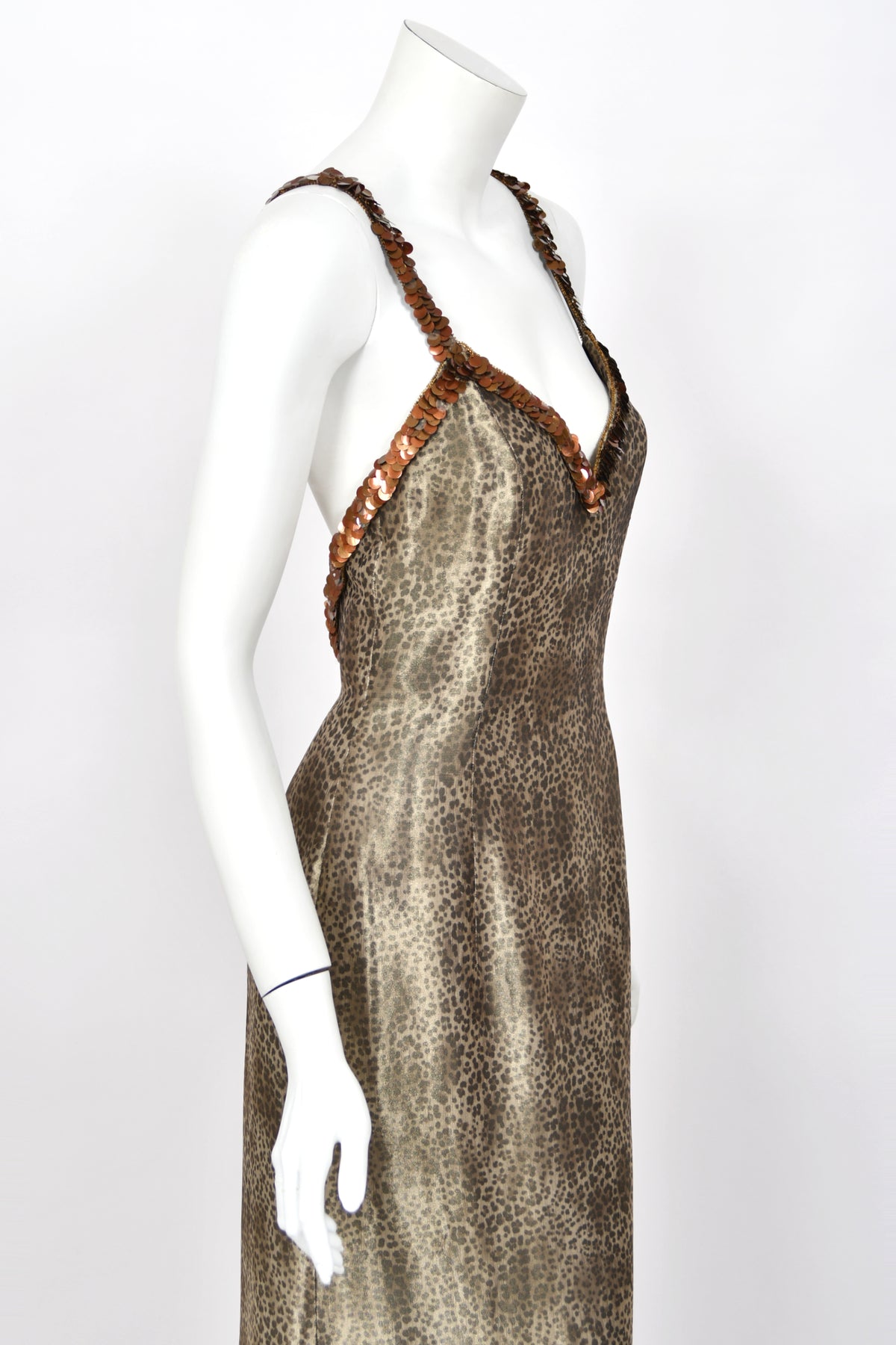 1998 Valentino Runway Semi-Sheer Leopard Print Shimmer Silk Beaded Slip Gown