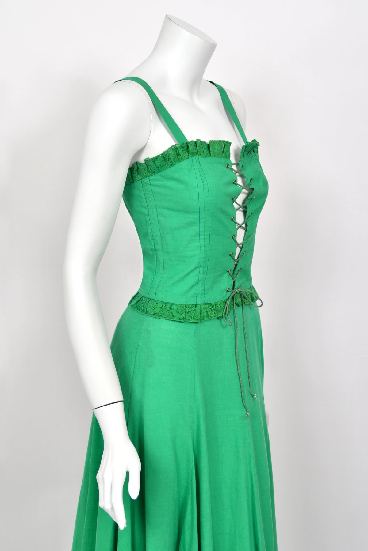 1976 Biba Emerald Green Cotton Lace-Up Corset Top & Matching Maxi Skirt