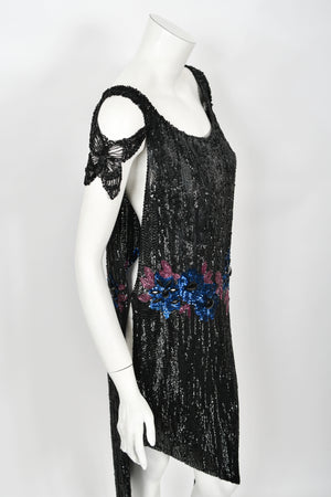 1920's Beaded Sequin Sheer-Net Butterfly Motif Asymmetric Flapper Dress