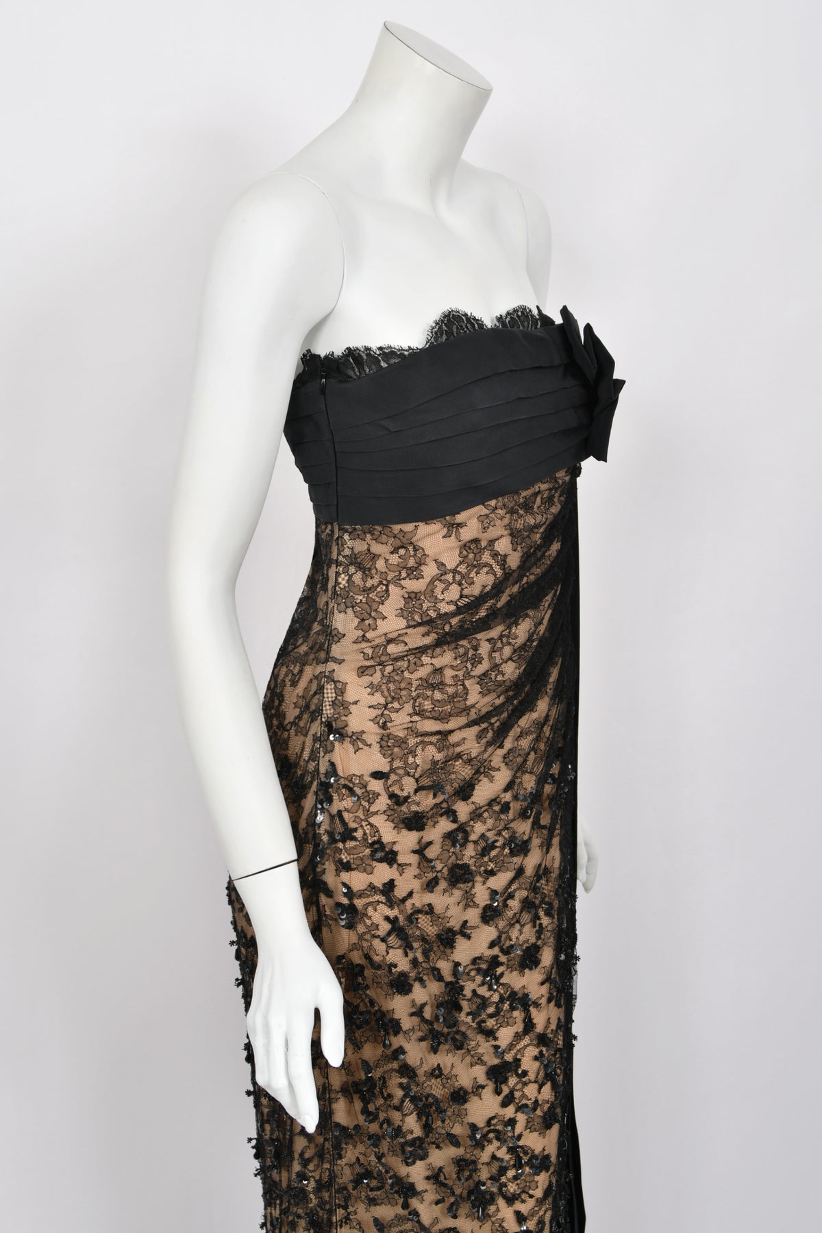 2009 Valentino Black Silk &amp; Beaded Sheer Illusion Lace Strapless Bustier Gown