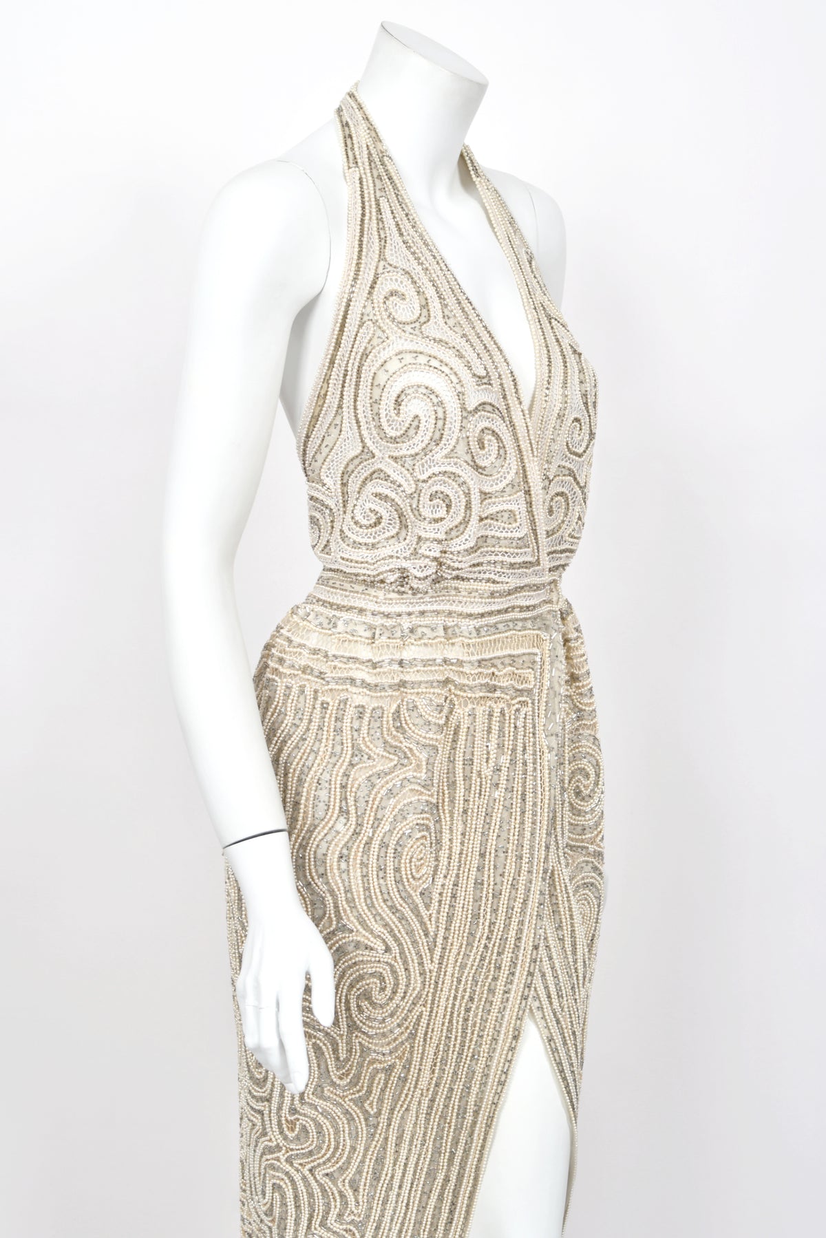 1982 Halston Runway Beaded Sheer Illusion Champagne Lace Backless Halter Wrap Gown
