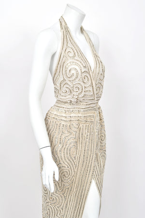 1982 Halston Runway Beaded Sheer Illusion Champagne Lace Backless Halter Wrap Gown