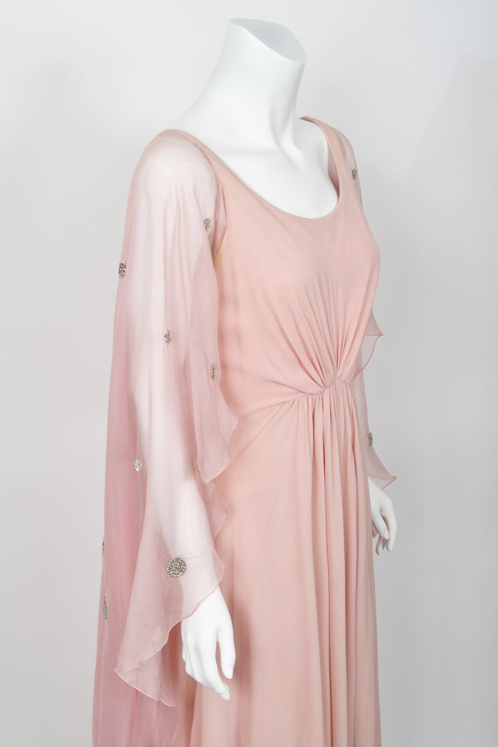 Vintage 1974 Valentino Haute Couture Pale-Pink Beaded Crystal Silk Winged Cape Gown - Timeless Vixen Vintage 1974 Valentino Haute Couture Pale-Pink Beaded Crystal Silk Winged Cape Gown - Timeless Vixen