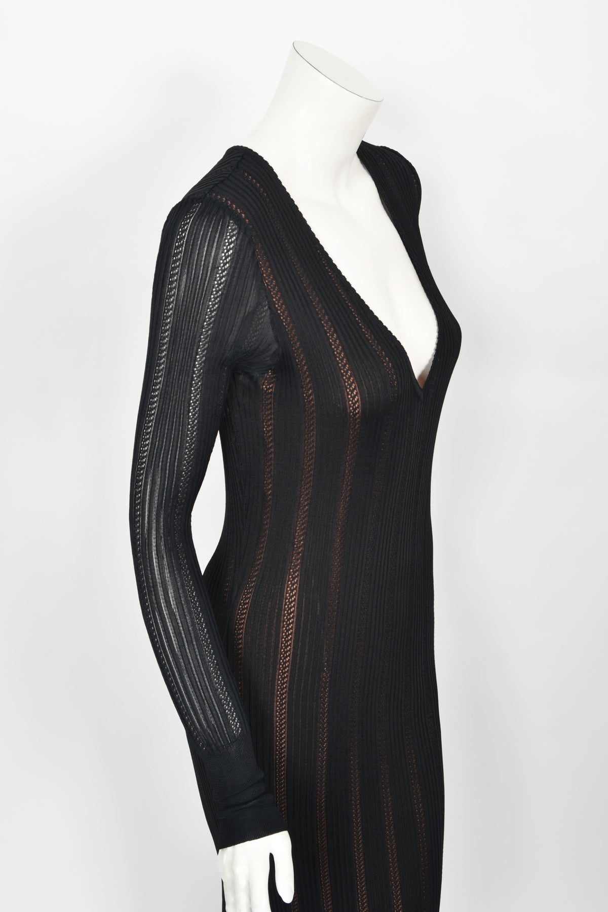 1996 Azzedine Alaia Black Nude-Illusion Knit Bodycon Floor Length Gown