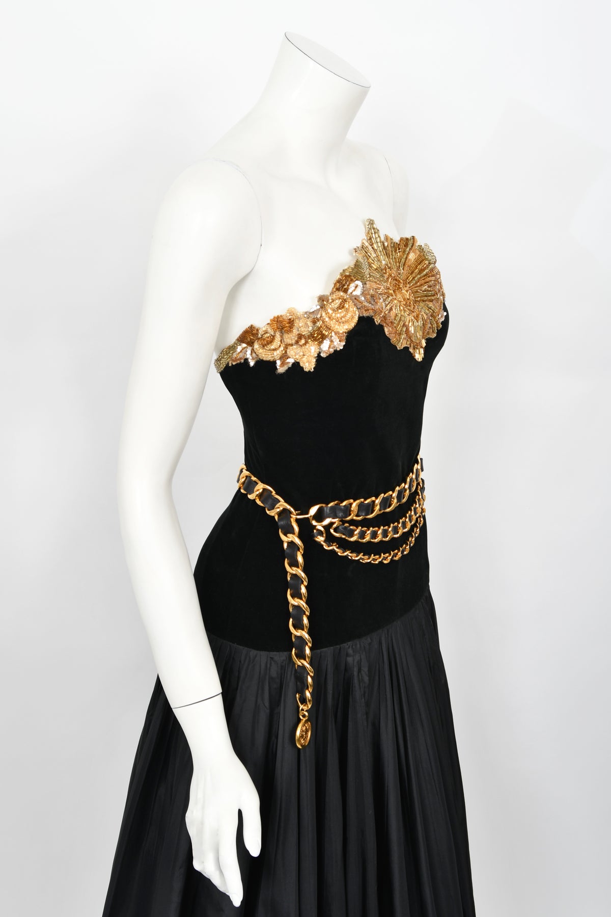 1985 Chanel Documented Runway Metallic Beaded Gold Lamé &amp; Black Silk Strapless Gown