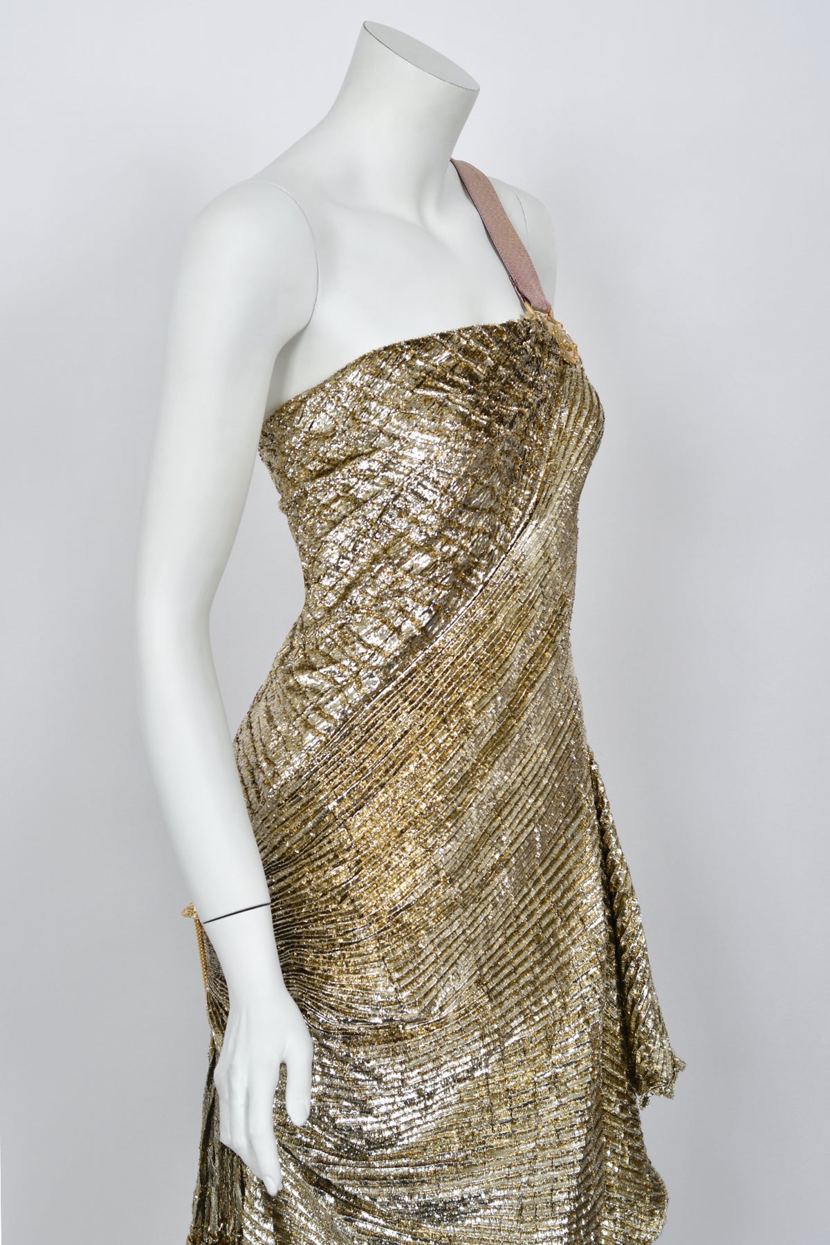1994 Gianni Versace Couture Runway Metallic Gold Pleated Lamè High-Slit Gown