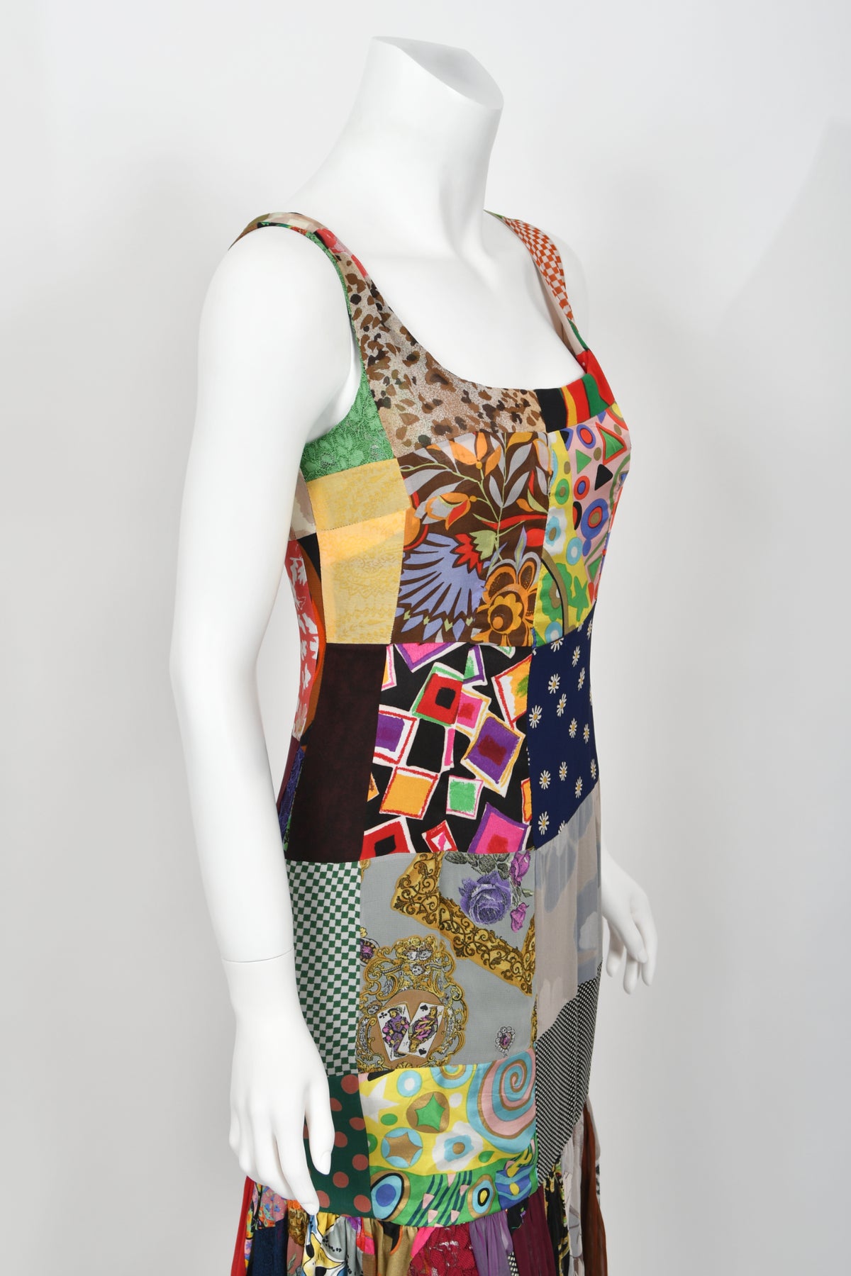 1993 Dolce &amp; Gabbana Documented Colorful Patchwork Silk Hourglass Flounce Gown