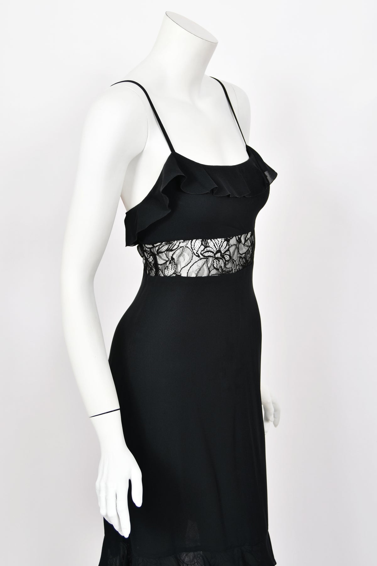 1994 Chanel by Karl Lagerfeld Cruise Collection Sheer Black Lace Ruffle-Trim Lingerie Gown