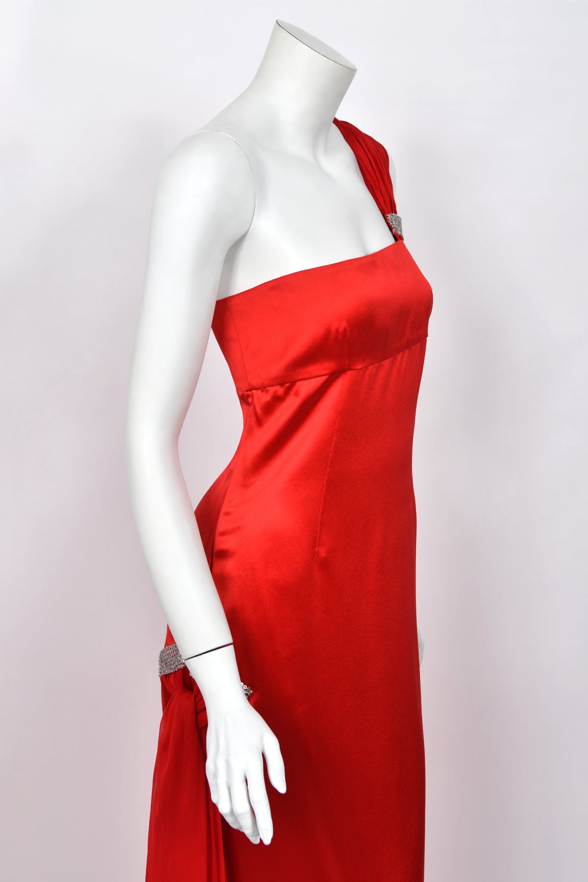 2008 Valentino Ruby Red Sequin Silk Asymmetric One-Shoulder Draped Sash Gown w/Tags