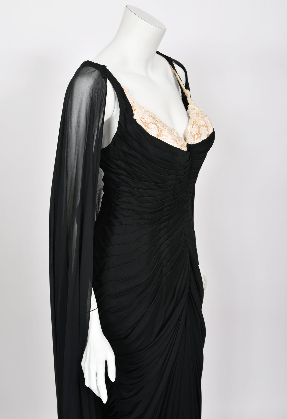 1964 Yma Sumac Documented Custom Couture Ruched Black Silk Hourglass Gown w/ Cape