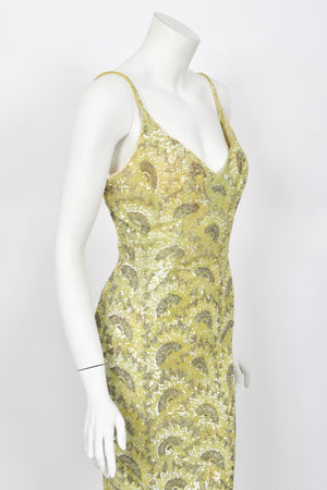 1950's Jacqueline Paris Couture Chartreuse Fully-Beaded Backless Hourglass Gown