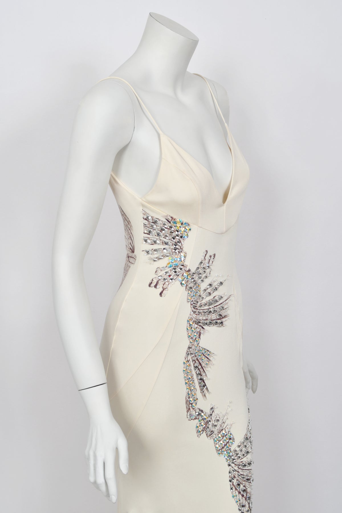 2002 Roberto Cavalli Runway Ivory Jeweled Stretch Silk Trained &#39;Cindy Crawford&#39; Gown