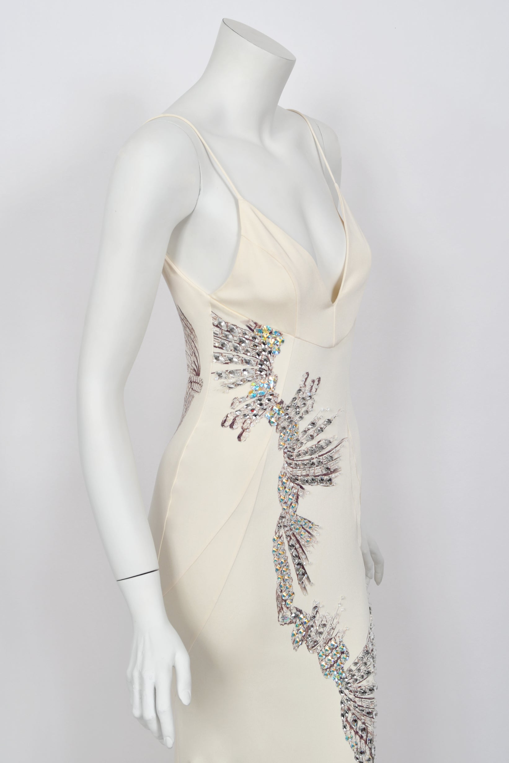 Vintage 2002 Roberto Cavalli Runway Ivory Jeweled Stretch Silk Trained 'Cindy Crawford' Gown - Timeless Vixen Vintage 2002 Roberto Cavalli Runway Ivory Jeweled Stretch Silk Trained 'Cindy Crawford' Gown - Timeless Vixen