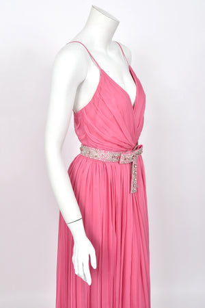 2008 Christian Dior by John Galliano Resort Pink Silk Low-Cut Jeweled Belt Pleated Gown