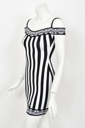 1992 Azzedine Alaia Runway Striped Stretch Knit Cold-Shoulder Bodycon Mini Dress