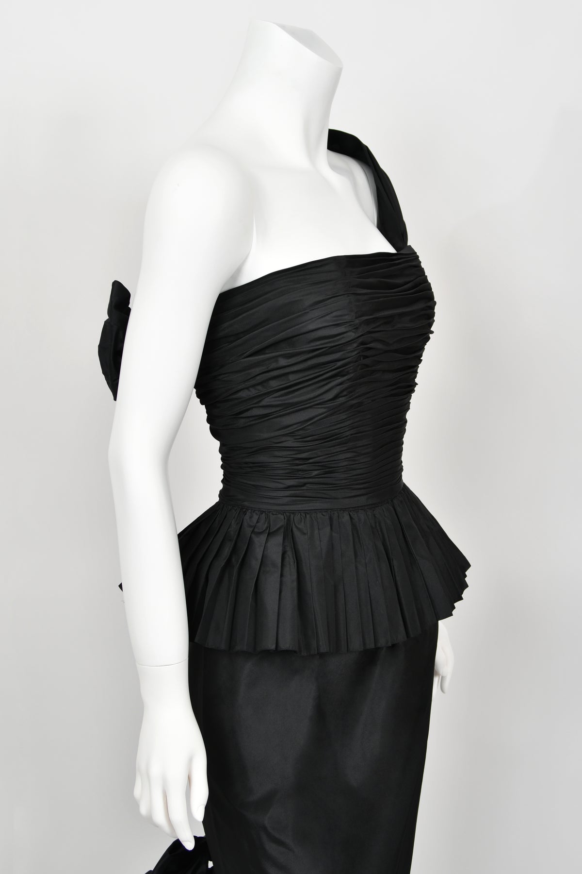1986 Chanel Documented Runway Black Pleated Silk One-Shoulder Hourglass Gown