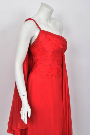 1960's Martha Weathered Couture Ruby-Red Pleated Silk Draped Goddess Gown