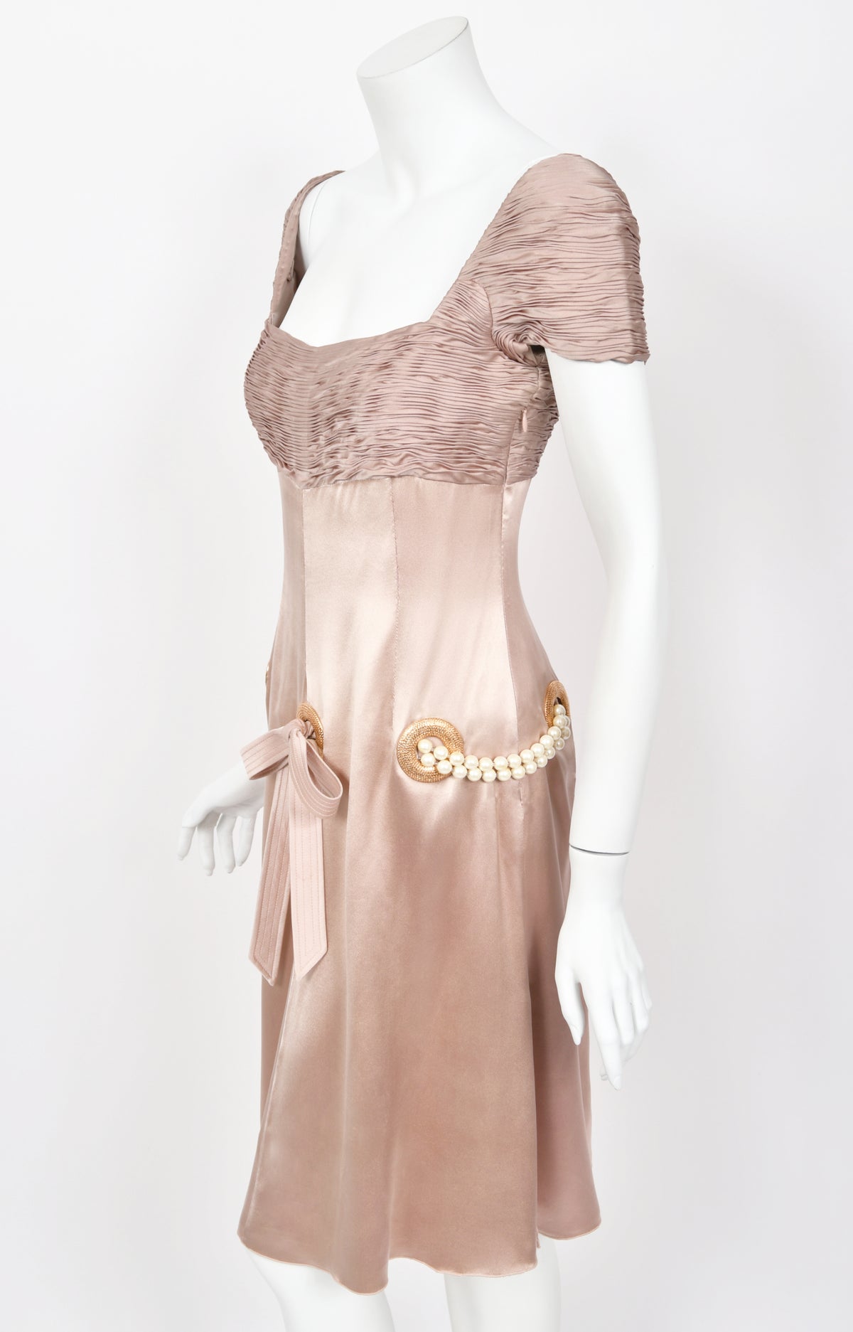 2005 Valentino Runway Blush Pink Silk Pleated Bodice Draped Pearl-Belted Dress