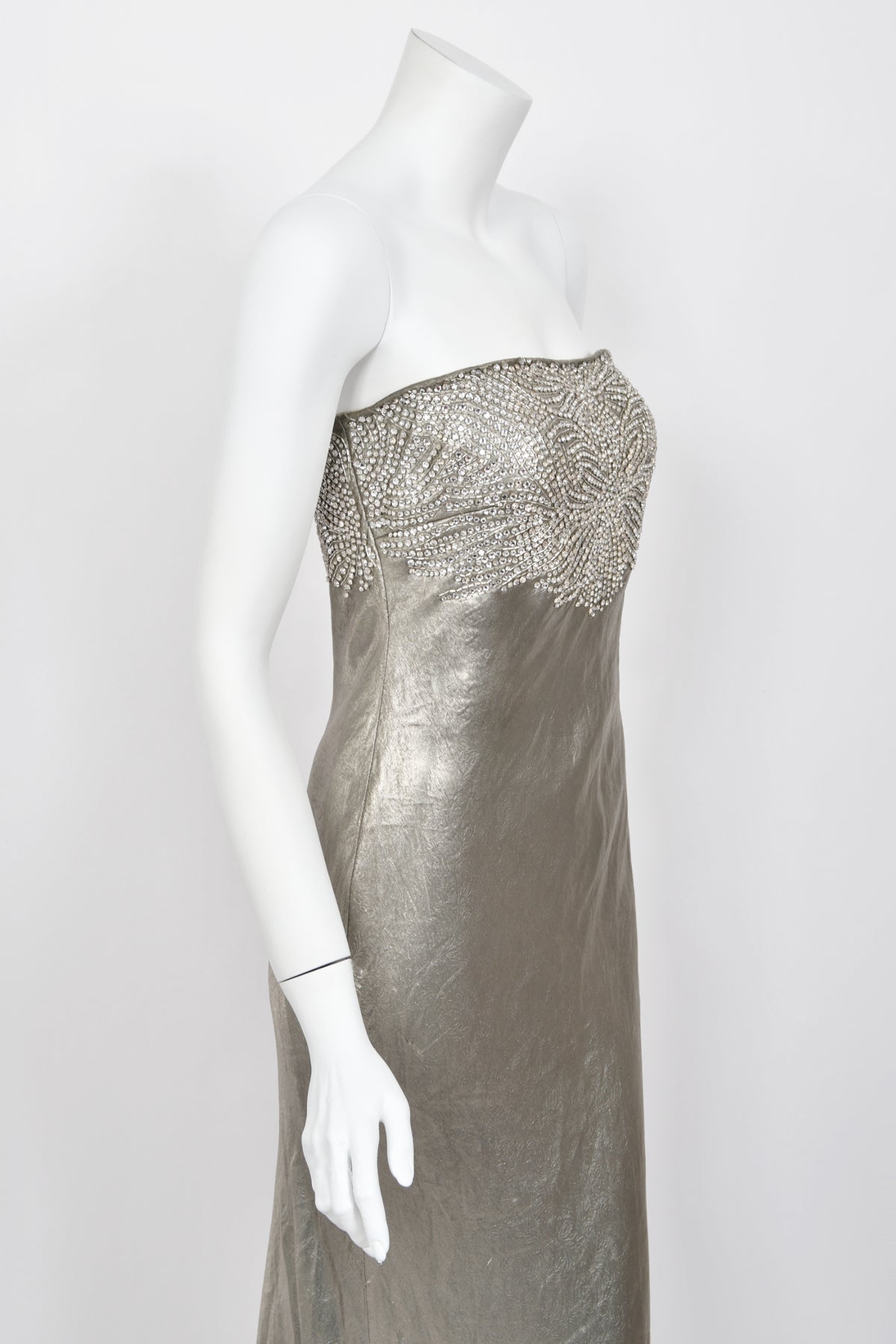 2007 Ralph Lauren Beaded Rhinestone Metallic Silver Lamé Strapless Bias-Cut Gown